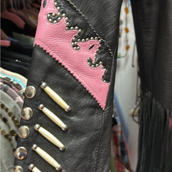 Stylish Pink and Black Fringe Leather Jacket - Picture 3 of 3